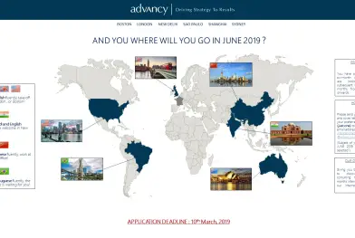 Advancy propose des stages de conseil en stratégie à Boston, Londres, New Delhi, Shanghai, Sydney ou Sao Paulo